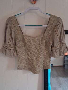 Free People Sage Green Cropped Lace Puff Sleeve On Or Off Shoulder Top
